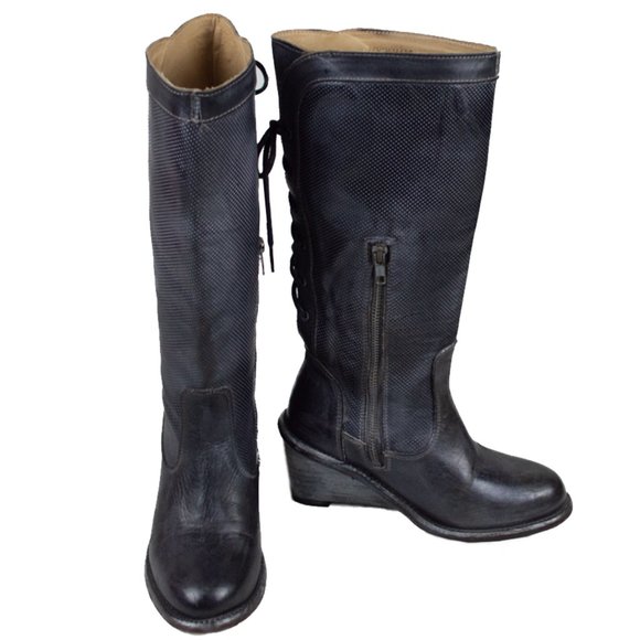 BED STU Empress Black Rustic Wedge Lace-Up Distressed Leather Tall Boots - Picture 14 of 16